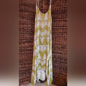 Billabong Geometric Print Cutout High Low Maxi Dress Green Brown Size Large